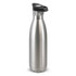 A drink bottle in stainless steel with a push-button lid, featuring a black top and a sleek design.