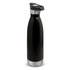 A drink bottle in black with a stainless steel base and a push-button lid, featuring a logo on the side.