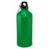 A drink bottle in bright green with a black cap and a carabiner attachment. It has a logo.