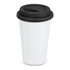 A double wall coffee cup in white with a black lid, featuring a logo.