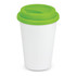 A double wall coffee cup in white with a bright green silicone lid, featuring a logo.