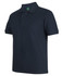 A dark navy polo shirt with a collar and short sleeves, featuring a logo on the label.