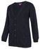 A dark navy cardigan with a V-neck, buttons down the front, and two front pockets. It has a branding logo.