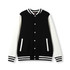 A black and white men's varsity jacket featuring a button front, striped cuffs, and a logo on the chest.