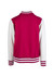 A men's varsity jacket in maroon and white with striped ribbed cuffs and a solid back.