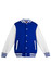 A mens varsity jacket featuring a blue body and white sleeves, with striped ribbing and front pockets.