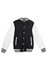 A black and white men's varsity jacket featuring contrasting sleeves and striped collar and cuffs.