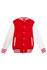 A red and white men's varsity jacket featuring a button front and striped cuffs. It has side pockets and a logo.