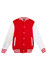 A red and white men's varsity jacket featuring a button front and striped cuffs. It has side pockets and a logo.