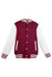 A maroon and white men’s varsity jacket with a button-up front and striped cuffs. It features side pockets and a logo.