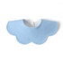 A blue, scalloped-edge bib made from 100% organic cotton with a button fastener at the back.