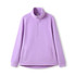 A lilac polar fleece half zip top with a high collar and side pockets, featuring a logo.