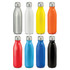 A drink bottle collection featuring aluminium bottles in silver, white, yellow, orange, red, blue, black, and navy, with metal caps.