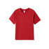 A red organic t-shirt made for kids, featuring a round neck and short sleeves. It includes a branded label.