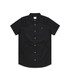 A black button-up short-sleeve shirt featuring a chest pocket and a logo.