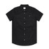A short-sleeved black button-up shirt with a chest pocket and a logo on the label.