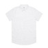 A white short-sleeved button-up shirt featuring a pocket and a logo.