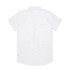 A white short-sleeve button-up shirt with a collar and a logo on the back.