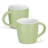 A green coffee mug with a smooth finish and a comfortable handle. It features a contrasting white interior.