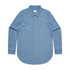 A blue denim button-up shirt with a collar, featuring long sleeves and a rounded hemline.