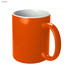 An orange coffee mug with a glossy finish and a white interior, featuring a handle and branding.