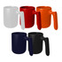 A set of four coffee mugs in white, red, orange, and black, featuring a distinctive handle design and branding.