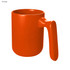 An orange coffee mug with a unique handle design and a smooth finish. It features a logo.