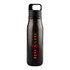 A drink bottle in a sleek black finish with a logo and a sturdy carrying lid.