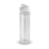 A drink bottle with a clear body and a white lid, featuring a built-in straw and branding.