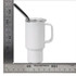 A drink bottle in white with a metal straw and a handle, featuring a lid and a logo.