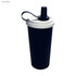 A drink bottle featuring a navy blue body with a white lid and a straw. It includes a handle for easy carrying.