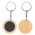A round bamboo keyring with a silver metal keychain attachment and a black circular section on one side.