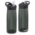 A drink bottle made of dark green plastic, featuring a black lid and a built-in straw. It has a logo on one side.