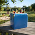 A blue retro metal ice cooler box containing several glass bottles, set on a wooden table in a park.