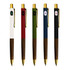 A collection of five Zavier metal pens in white, red, green, navy, and black, featuring wooden accents and a logo.