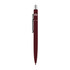 A burgundy metal pen with a silver clip and a logo on the barrel.