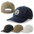 A collection of Dad Hats in navy, black, khaki, and cream, featuring a logo on the front of the navy cap.