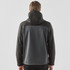 A men's hooded softshell jacket in dark grey, featuring a sleek design and a hood. It has a branding logo on it.