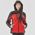 A hooded softshell jacket in black and red, featuring a zip front and pockets. The model wears the jacket with a neutral background.