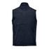 A dark navy softshell vest featuring a zippered front and side pockets, with a logo on the lower section.