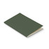A dark green soft cover notebook made from recycled paper, featuring an open spine and blank pages.
