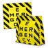 A large foil flat bottom pouch in yellow and black with a striped design and a logo.