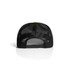 A black mesh contrast trucker cap featuring a snapback closure and a logo on the back.