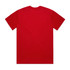 A red t-shirt with a plain back, featuring a branding logo on the neck area.