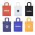 A collection of six tote bags in orange, white, black, purple, blue, and yellow, each with a logo.