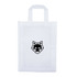 A white promotional bag featuring a black logo of a wolf's head and two handles for carrying.