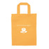 An orange tradeshow bag with handles, featuring a logo and flower design in white.