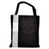 A black and grey tradeshow bag with a loop for easy carrying and a logo featured on one side.