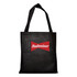 A black tote bag with a red logo. Features a pocket on the front and sturdy shoulder straps.