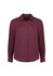 A button-up shirt in deep burgundy with long sleeves and a collar, featuring front buttons and a subtle logo.